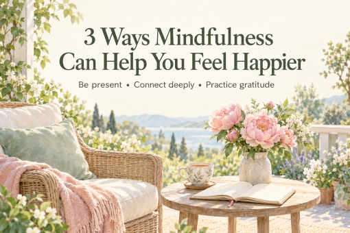 Watercolor porch scene with a cozy chair, tea, an open journal, and pink peonies beneath a headline about mindfulness and happiness.